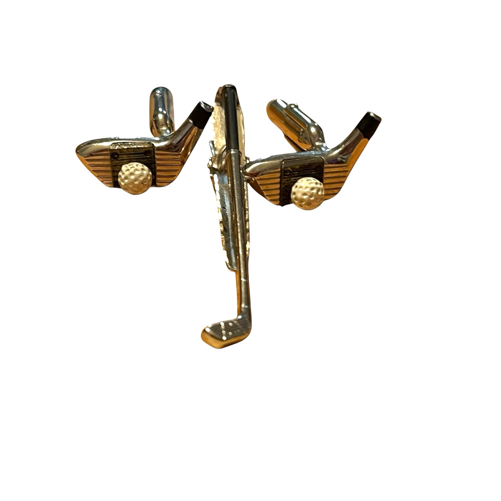 ANSON Golf Cuff Links Cufflinks Tie Bar Silver Tone Men Vintage Set Golf Club